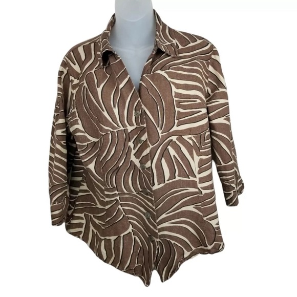EAST 5Th Womens Size 2X Sleeve Shirt Linen Rayon Brown Safari Animal Print - Picture 1 of 7